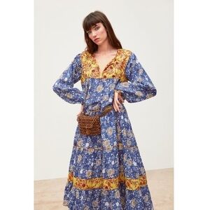 Zara Blue and Mustard Floral Maxi Dress